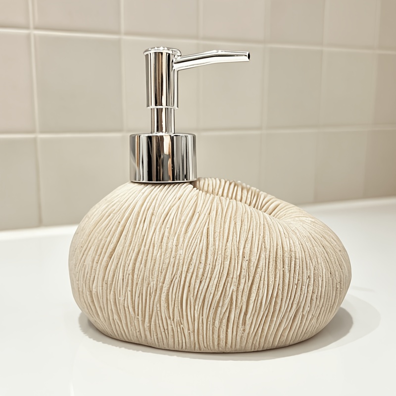 Wabi-Sabi Stone Shape Liquid Soap Dispenser, Ribbed Textured Refillable Lotion Pump Bottle, Decorative Hand Soap Dispenser for Bathroom Kitchen Countertop, Gray/Beige