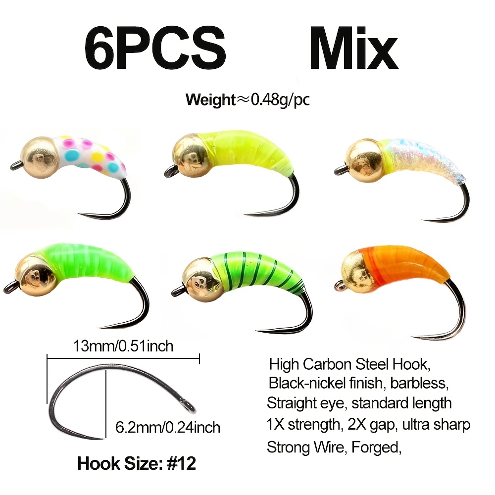 TEMU 6pcs Uv Epoxy Nymph 4.8mm/0.19inch | Bead Bug Worm Fly Barbless Winter Fishing Fly Tying Hook Trout Fishing Lure Baits, Mixed Color, Carbon