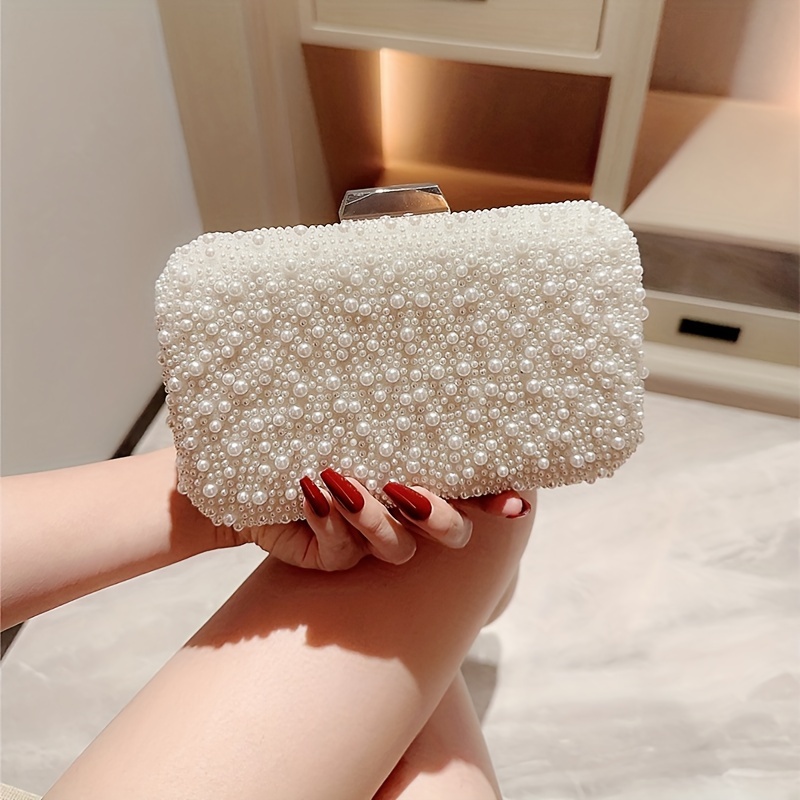 

Elegant Pearl Embellished Clutch Evening Bag With Chain Strap, Polyester Lined, Closure – Chic Handheld Accessory For Special Occasions, White