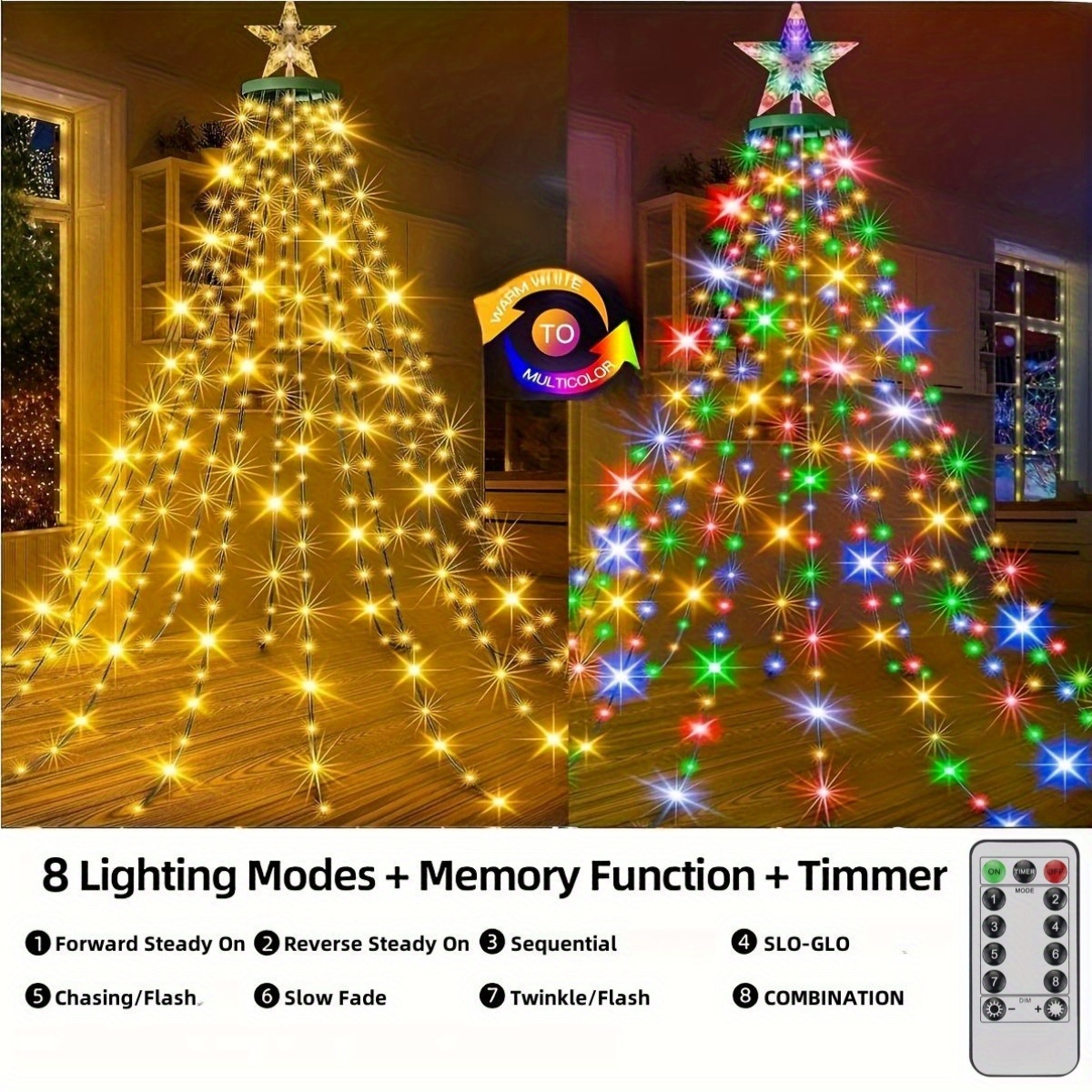 HYGX 410 LED Kerstboomverlichting met Ster Topper - 201.17cm 16-Lichtslinger, Afstandsbediening met 11 Modi, Timer & Geheugenfunctie, Dubbele Kleurwisseling