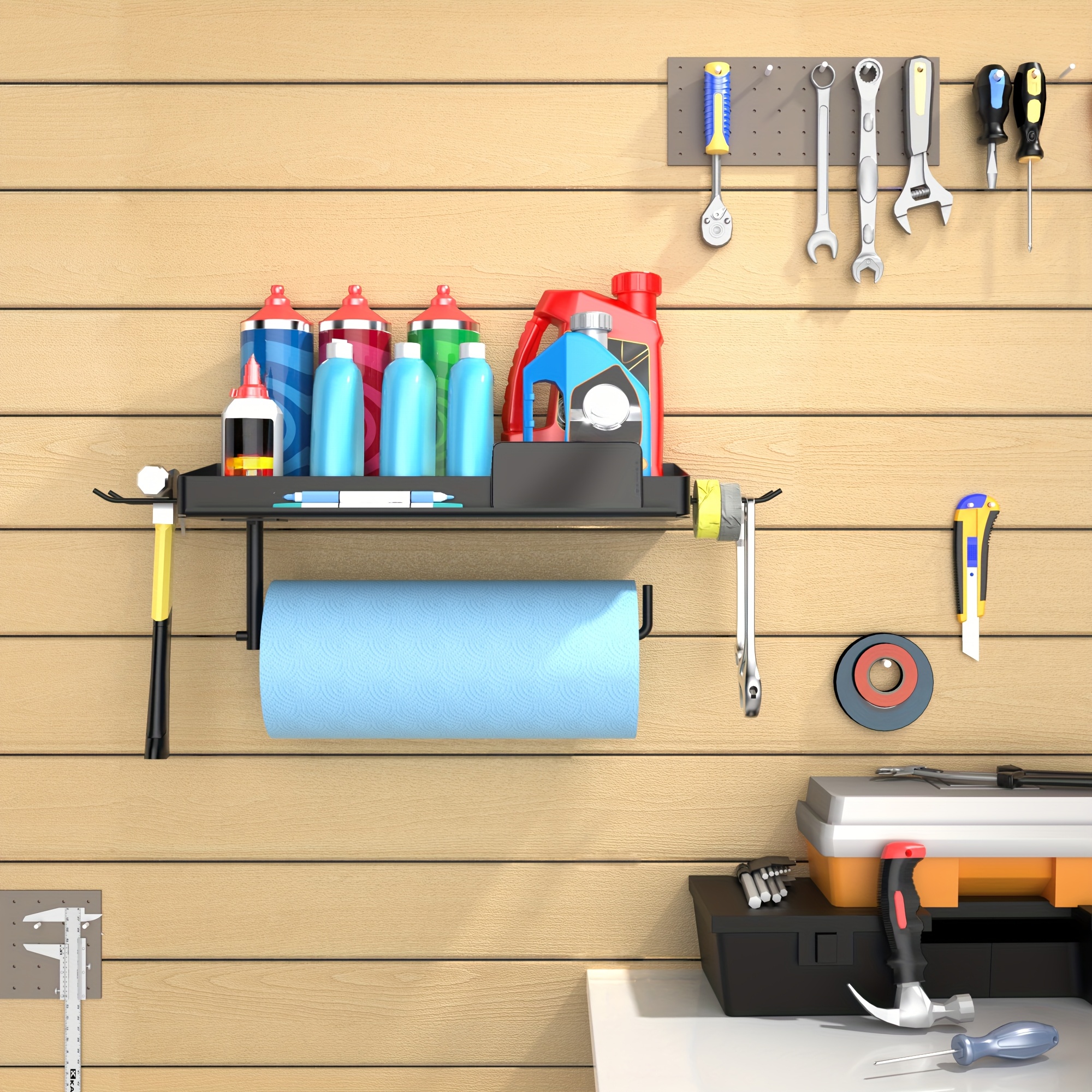 1pc Garage Storage Rack with Paper Towel Holder, Wall-mounted Storage Rack with 4 Hooks, Suitable for Cleaning Workbench, Craft Room
