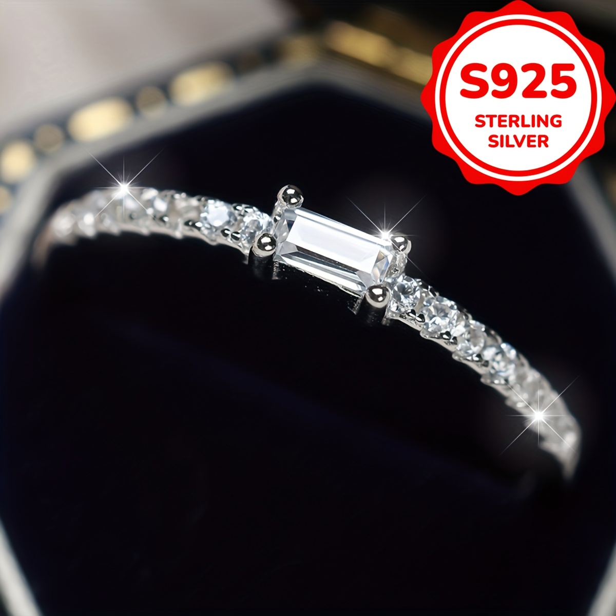 

925 Sterling Silver Rectangular Zirconia Thin Band Ring Women's Engagement Ring Suitable For Engagement Banquet Wear