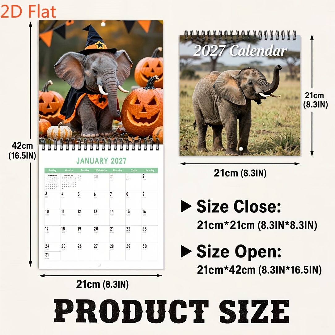 TEMU 2d Flat 1pc 2027 Calendars, 2 Sizes Optional, Elephant , Natural Wildlife Style, Christmas New Year/halloween, Thanksgiving Gift, Suitable For