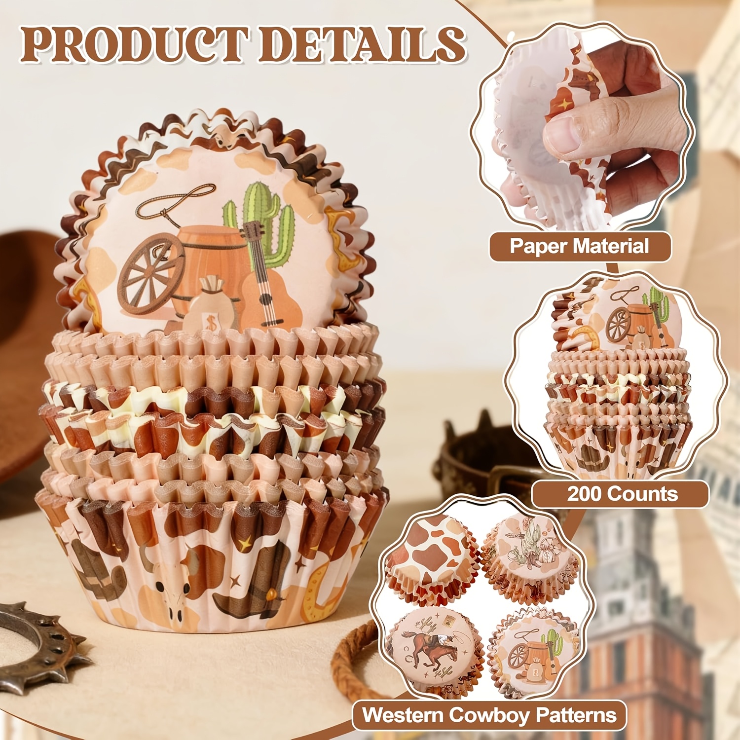 TEMU 200 Western Cowboy Themed Baking Cups, Horseshoe/fairy/cow Print, Vintage Wild West Rodeo Rustic Style