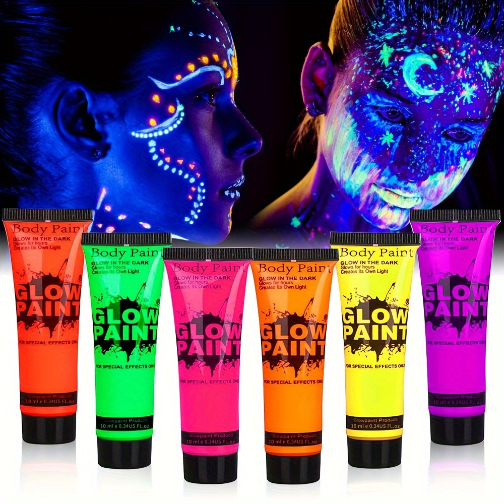 

Uv Glow Body Paint Set - 6 Colors Neon Fluorescent Paste, 10ml Each, Face & Body Makeup, Washable, Under Black Light, For Halloween, Club, Festival, Party Accessories