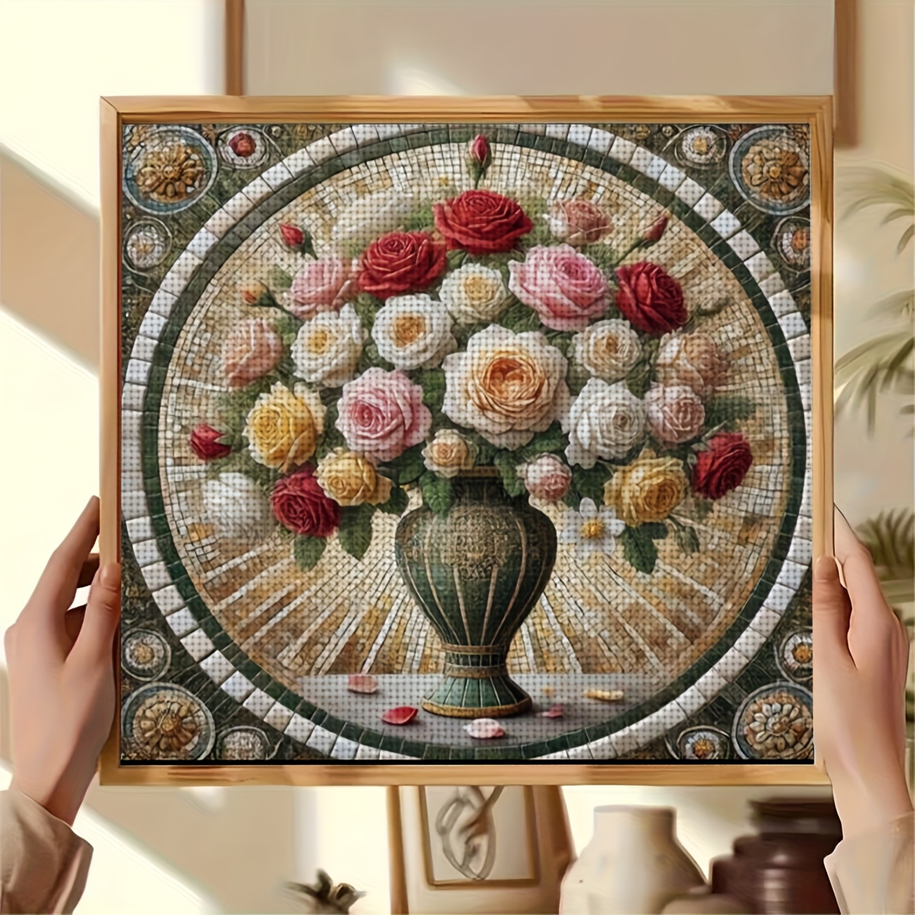 DIY Cross Stitch Print Kit, Frameless "Mosaic Vase with Flowers" Pattern