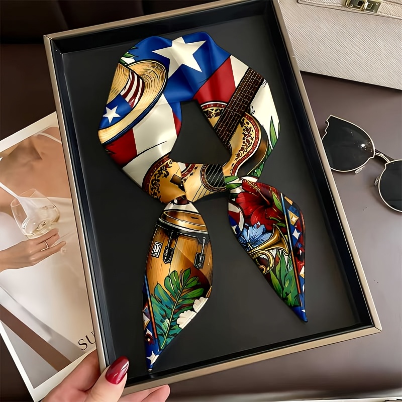 TEMU 2d Printed Outdoor Multi-functional Headwear, Puerto Rican Style, Guitar Floral Stars And Stripes Pattern, Fashionable Scarf For Stylish