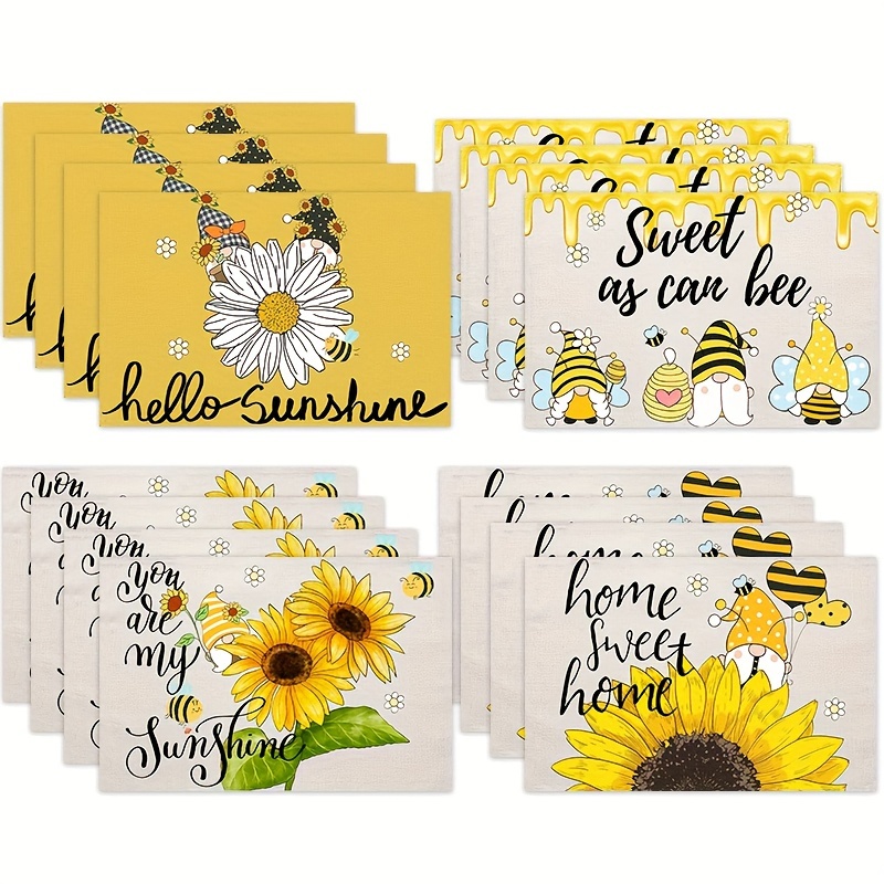 

4pcs, Table Pads, Spring Sunflower Floral Pattern Festive Polyester Placemats, Home Dining Table Mats Set, "sweet As Can Bee" & "hello Sunshine" Design