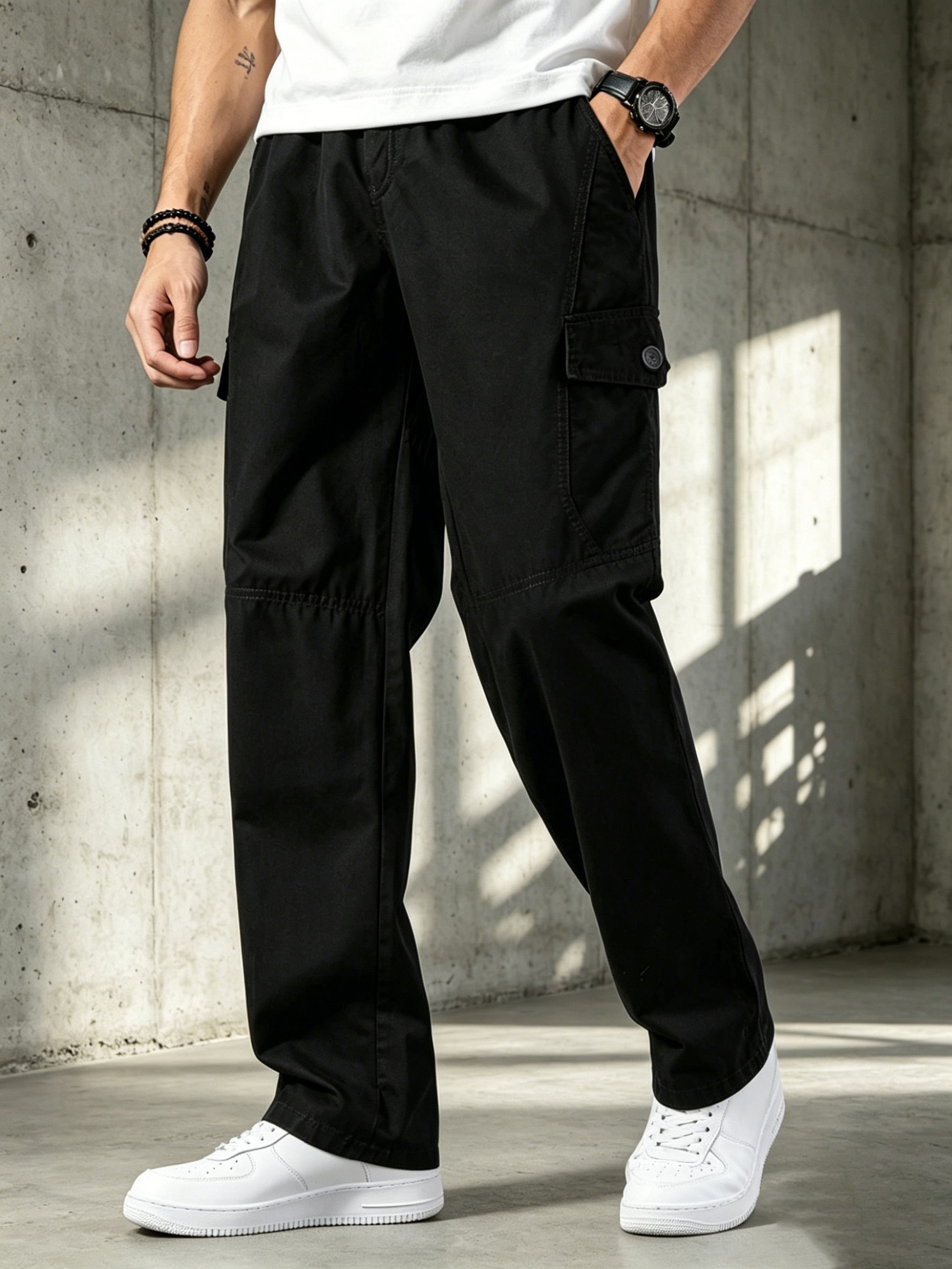 [Zhi Yu Zhi Obm]Men S Elastic Drawstring High-Waist Multi-Pocket Casual Cargo Pants Loose Cargo Casual Trousers, Elastic Elastic Waistband Comfortable Straight-Leg Cargo Trousers, Solid Color   Style Men S Multi-Pocket Cargo Work Trousers