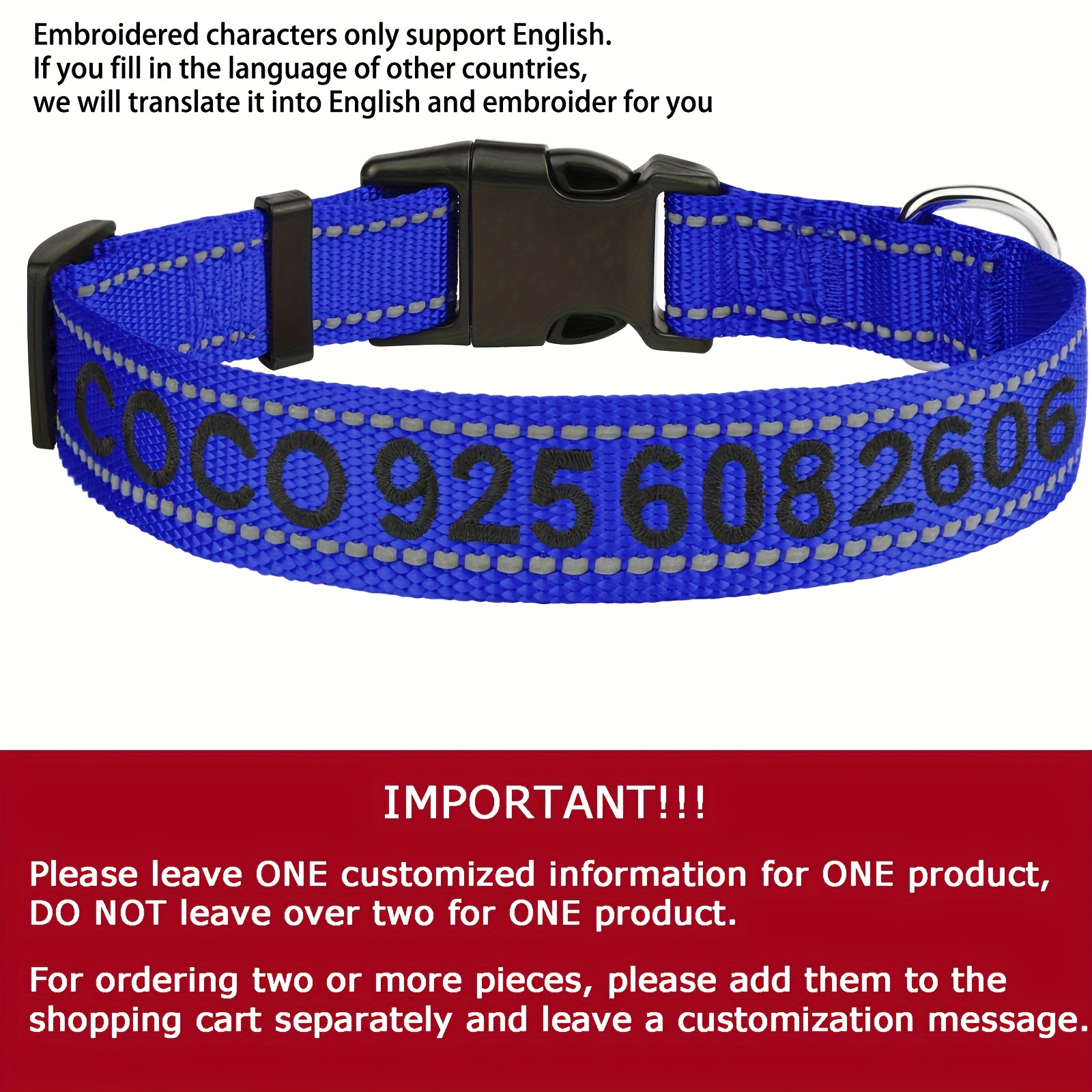 Dog collar with embroidered clearance name and address on them