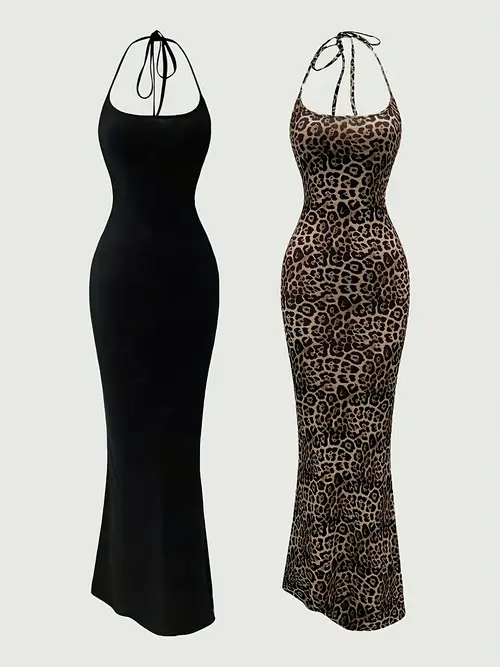 2pcs womens elegant halter neck mermaid dresses long sleeve backless solid print machine washable formal casual party dresses versatile fashion sophisticated tailoring