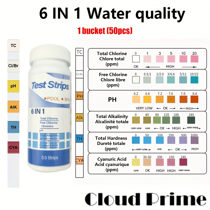 50/100 Test Strips, 6-in-1 for Laboratory, Pool, Home Drinking Water, Bathing Pool, Aquarium Total Chlorine/Free Chlorine/Free Bromine/PH/Total Alkalinity/Total Hardness/Cyanuric Acid, Precise Measurement, Reactive Strip, Chlorine Powder/tablets,   Chlorine Meter, Pool Chlorinator Salt, Ph Tester/meter, Aquarium Accessory, Ph Strip, Ph Paper, Laboratory/chemistry Lab Equipment, Litmus Paper, Aquaterrarium Accessory, Fish Tank Accessory And Equipment