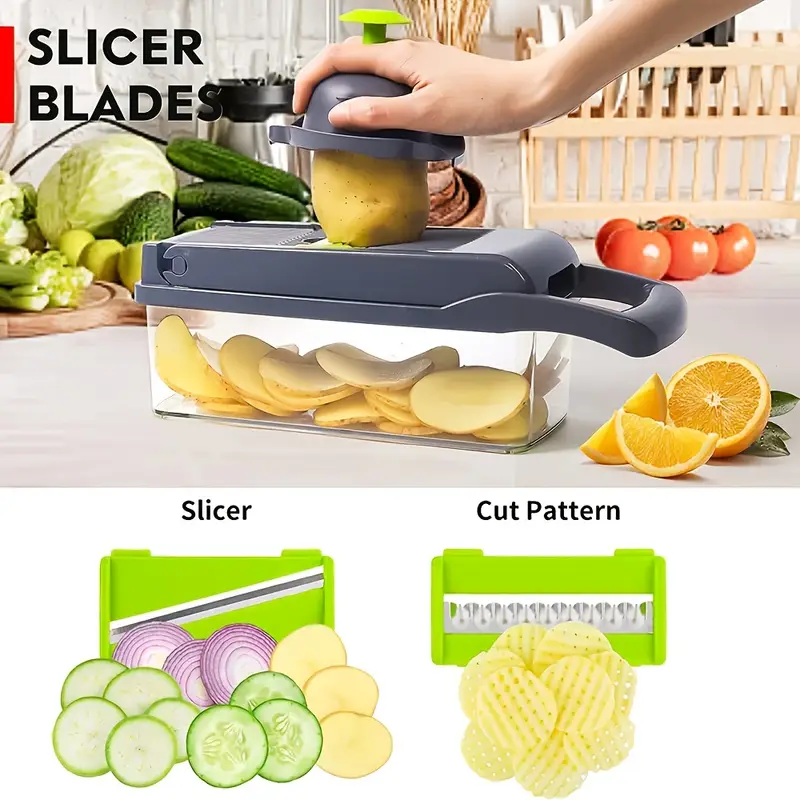 16 in 1 heavy duty vegetable chopper with 8 blades manual food processor onion carrot garlic potato chopper compact cleaning container for commercial kitchens durable plastic construction vegetable slicer and chopper kitchen slicer material restaurant equipment spacesaving design easy to clean restaurant staff details 2