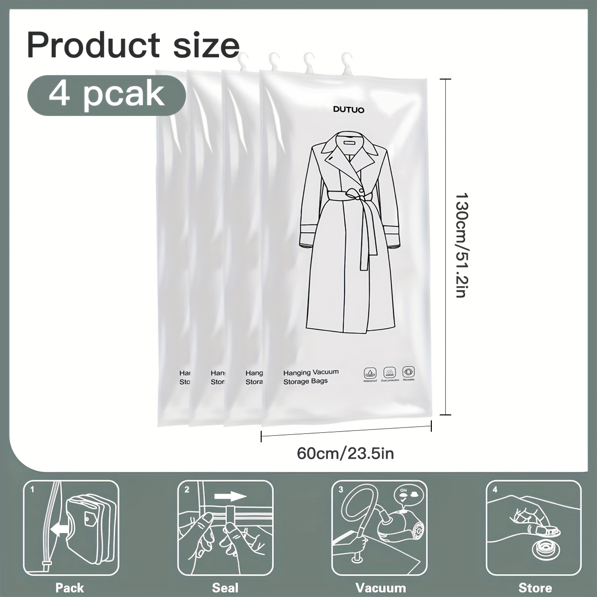 Image of 2/4-pack 2025 New Hanging Vacuum Storage Bags, Extended Suitable For Coats - Vacuum Pouches, Closet Organizer Bags, Sealed Sacks, Clothes, Dresses, Suits, Long Coats, Jackets Space Bags