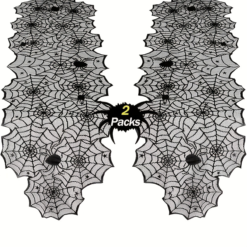 Image of 2-pack Halloween Black Lace Web Table Flag Dark Elements Festival Theme Party Atmosphere Table Decoration Cloth Bat Lace Design Festival Scene Decoration Supplies