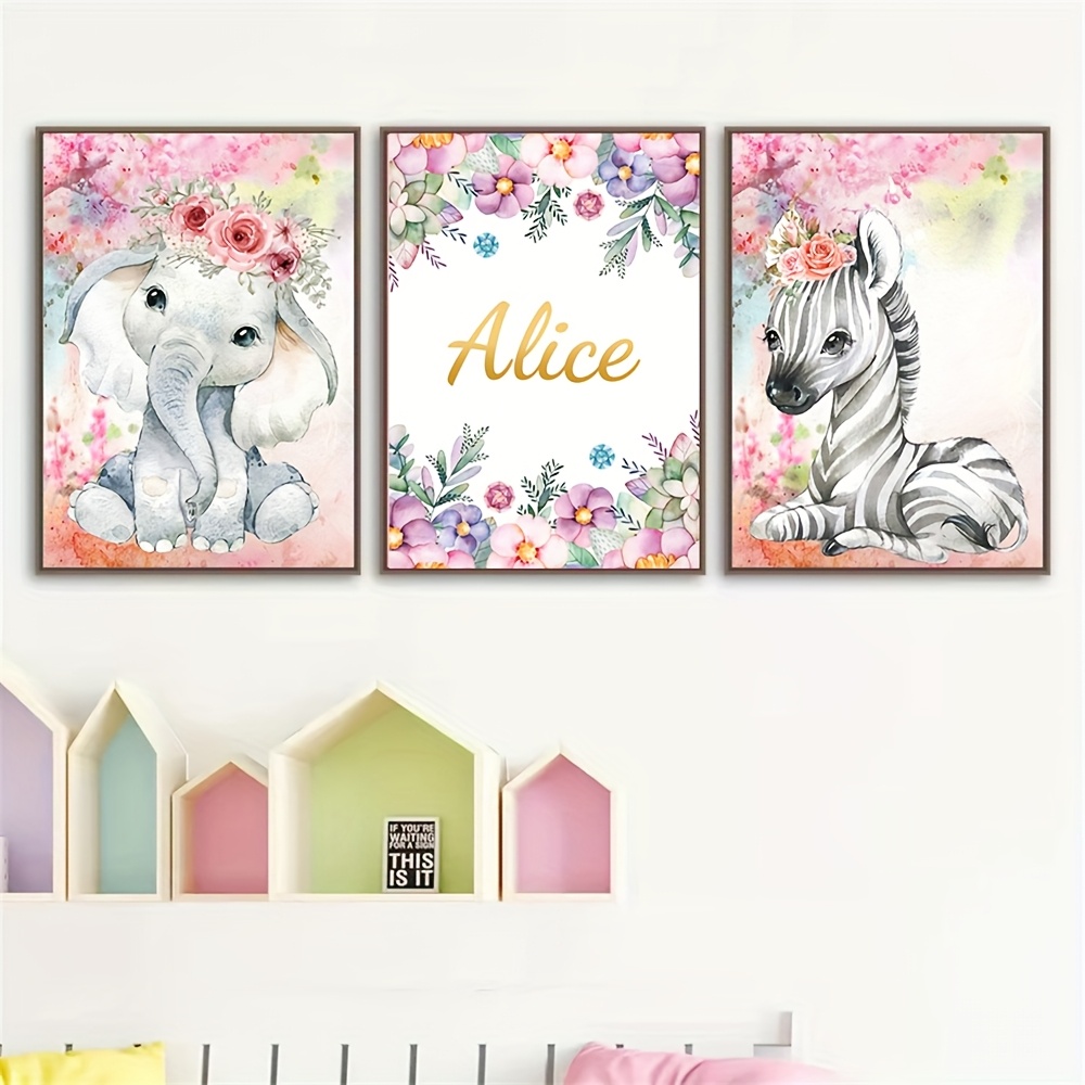 TEMU 2d Flat, 2d Flat, 3pcs Set Of Golden Custom Name Wall Art, Personalized Floral Animal Canvas Posters, Pink Elephant Zebra Artwork, Modern
