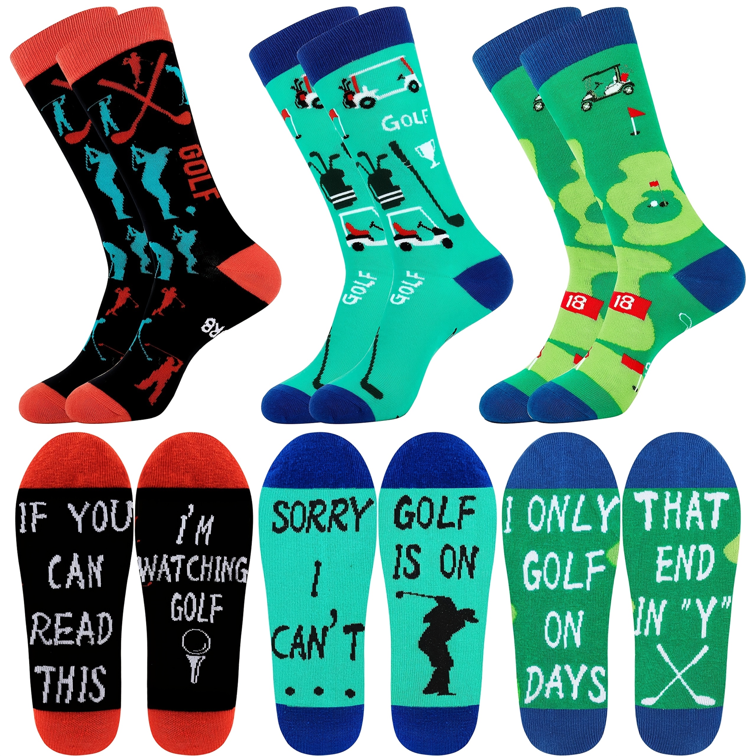 TEMU 3-pair Valporia Men's Golf Socks Suitable For Golfers, Novelty Golf-themed Lettering & Course, Comfortable Athletic Socks For Dad, Husband,