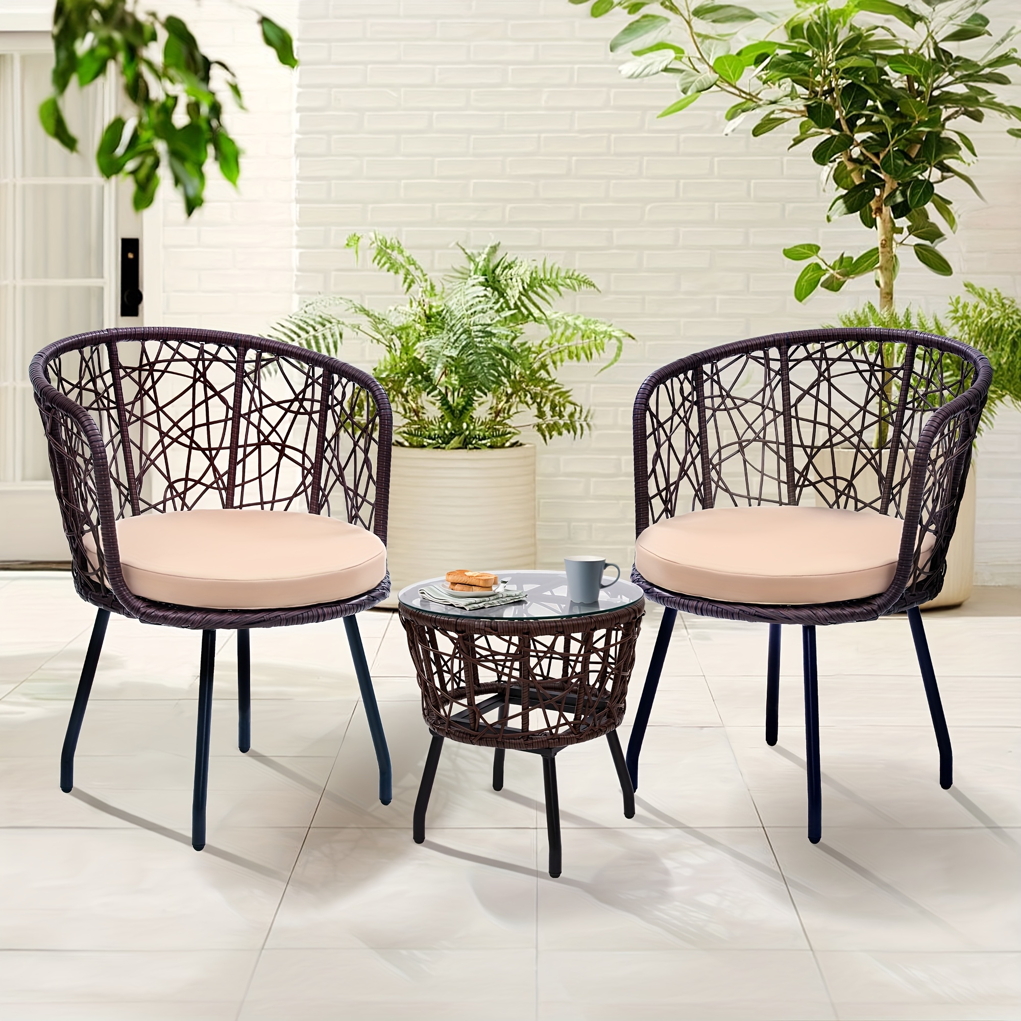 3pcs Bistro Set, Modern Furniture with Tempered Glass Table Top, 2 Chairs, Outdoor Wicker Patio Set, Washable Cushions,