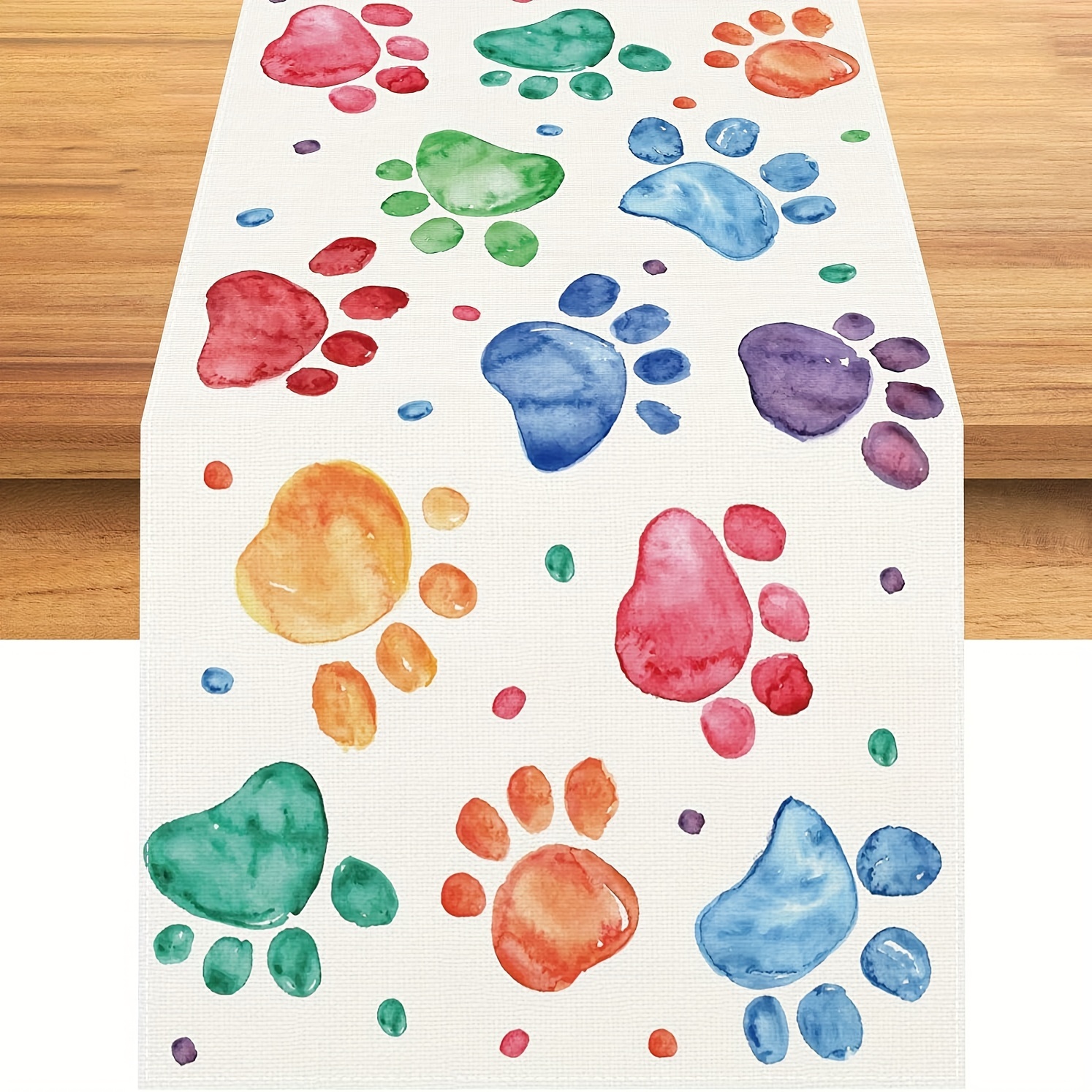 

1pc, Table Runner, Colorful Watercolor Paw Prints Linen Table Runner, Decorative Birthday Party Decor, Holiday Home Kitchen Decor