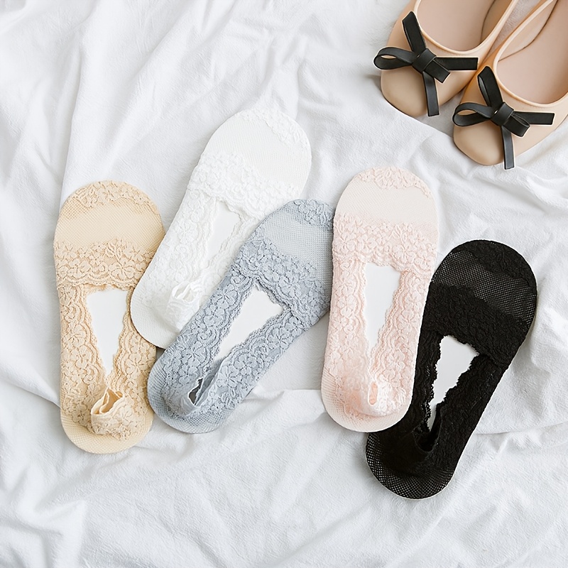 5 pair womens lace trim invisible no show socks summer thin   mesh lace invisible socks summer outdoor low cut high heel socks suitable for daily casual and office wear