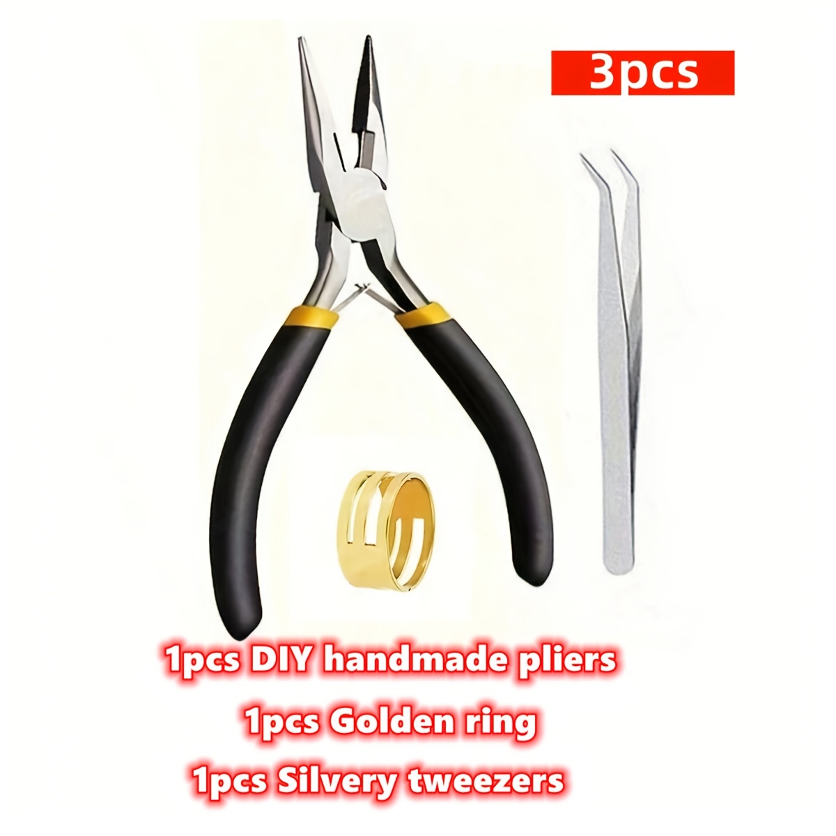 TEMU 3pcs (1 pince à de 12 cm, 1 anneau doré et 1 pince à épiler argentée) pour la fabrication et la réparation de divers accessoires de bijoux