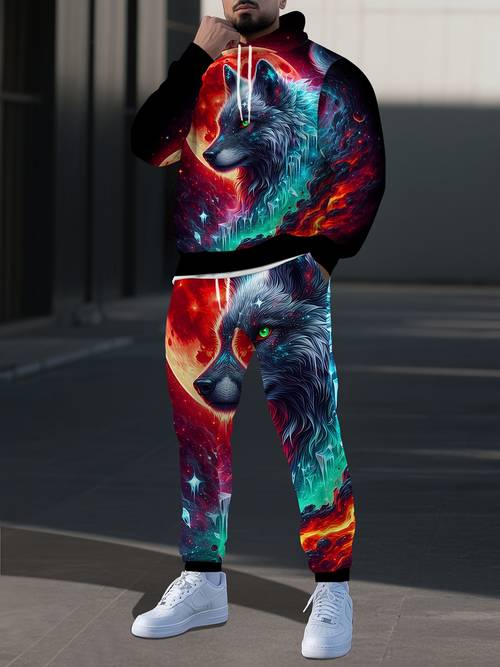 item picture colorful gradient cool starry red nebula wolf head full mens suit hoodie sweatshirt casual hooded long sleeve pullover hoodie drawstring casual long pants 2pcs set men and women set