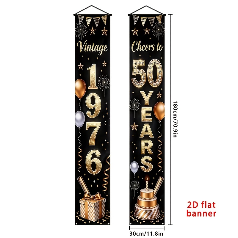 Image of 2d Flat, 2d Door Banner 2d Flat, 2d Door Banner 1 Pair 2d Flat Black And Golden Retro 1976 Birth 50th Birthday Door Curtain Set Cheers To 50 Years Party Vertical Banner Decoration