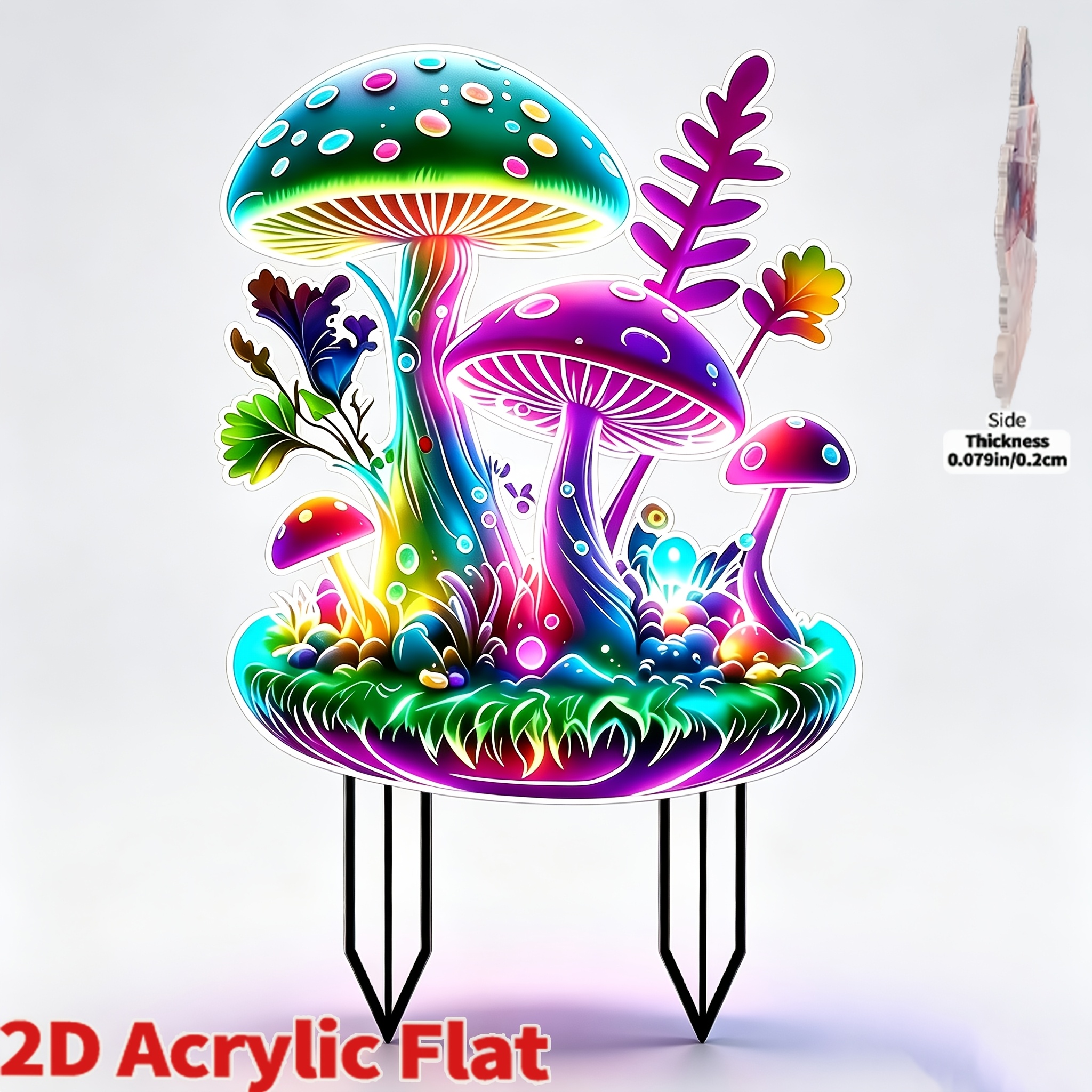 TEMU 2d Flat, 2d Flat Printing, Color Fluorescent Effect Luminescent Mushroom Garden Pile, Acrylic Material, Suitable For Lawns, Courtyards, Potted