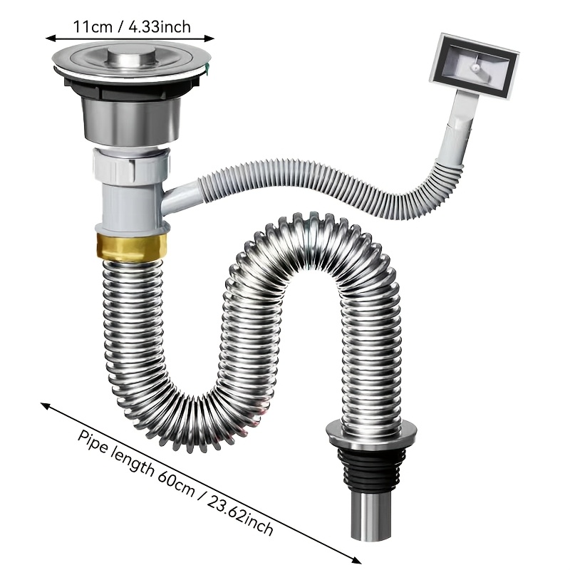 Image of 1pc Flexible P Drain Valve, Drain Pipe, Double Bowl Sink Drain Pipe, Stainless Steel Deodorizing Sink Drain Pipe, Suitable For Kitchen, Bathroom, Toilet, Valentine's Day Gift
