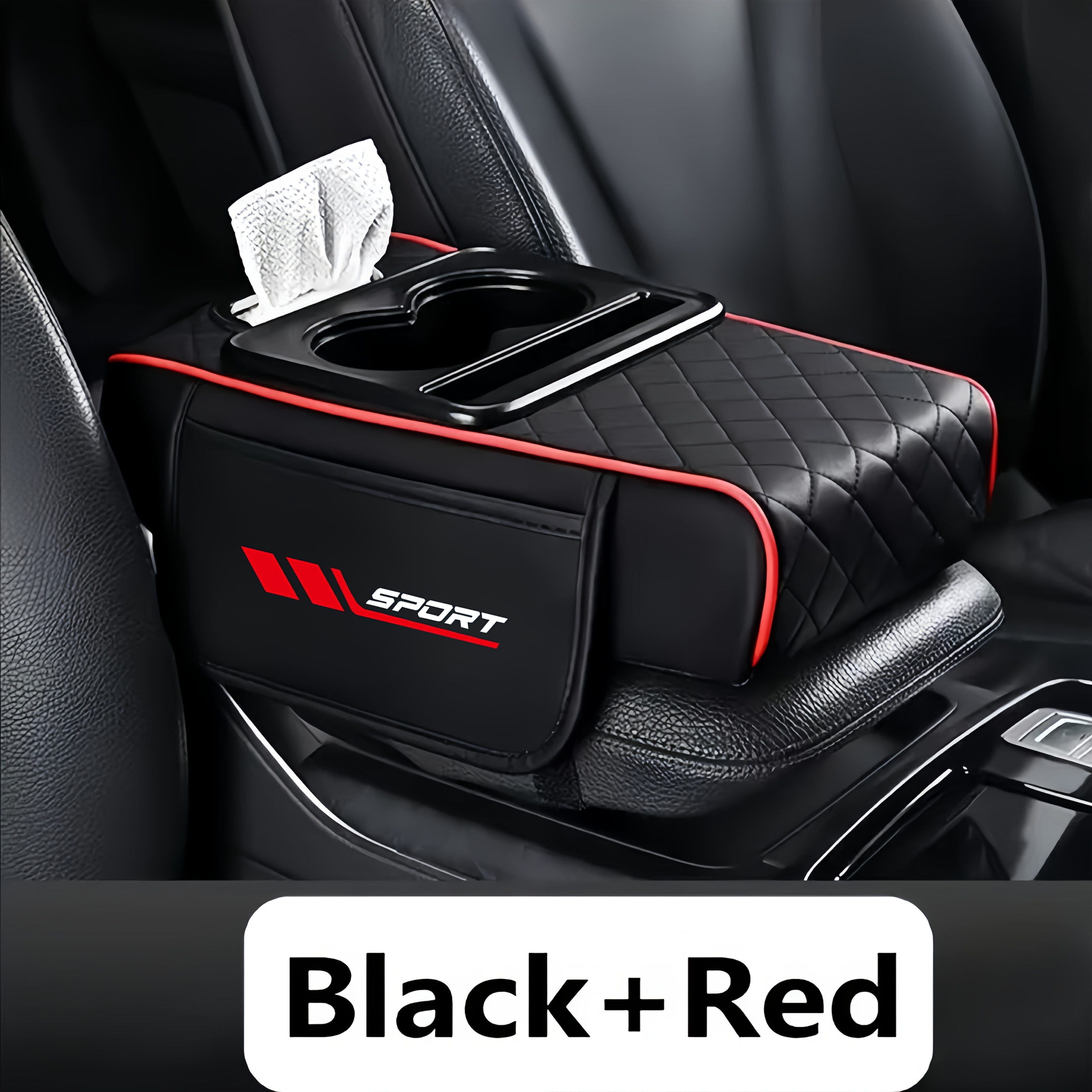 TEMU 1pc Sports Car Armrest Pad, 4-in-1 Center Console Armrest Protector Pad, Four-in-one Storage Model With Tissue Storage Bag Cup Holder, Essential