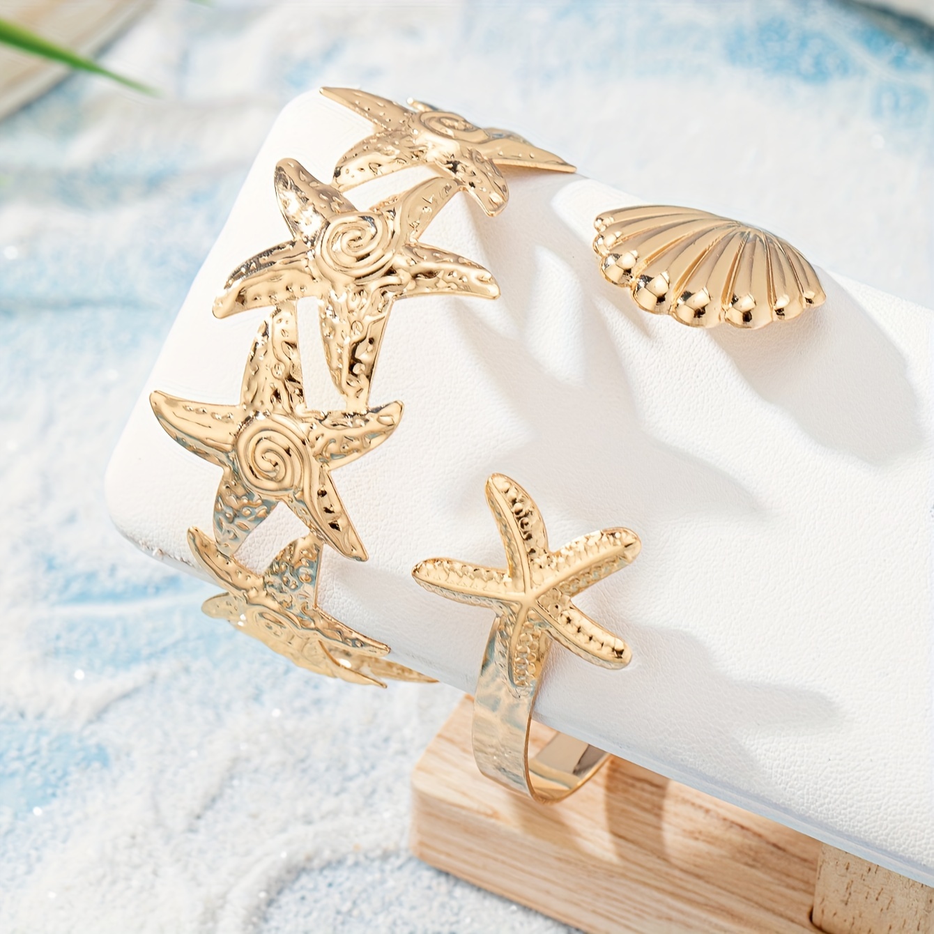 Nautical Starfish & Shell Bracelet Set Golden Tone Ocean Themed Ba