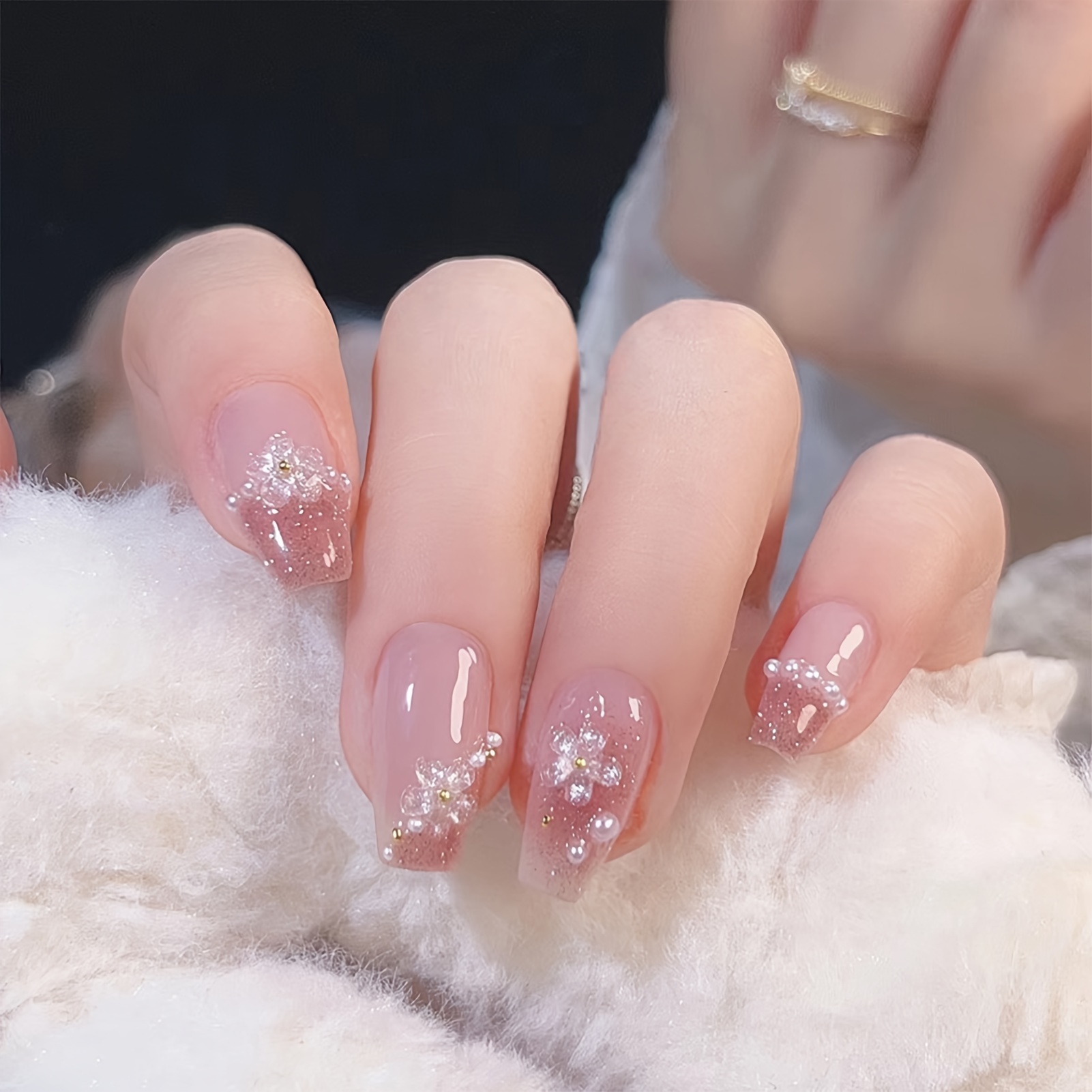 

Flower With Faux Pearl Setting Pink Long Fake Nails Lightweight And Easy To Stick Fake Nail For Fingernail Diy Decoration