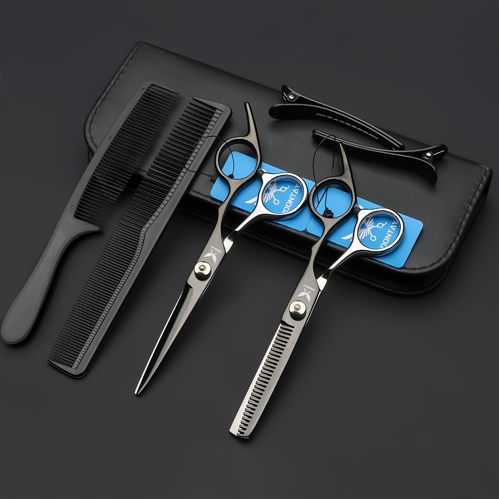 TEMU Ensemble complet de ciseaux de coiffure comprenant des ciseaux à pointe plate, un peigne, une pince à cheveux et d'autres accessoires pour une