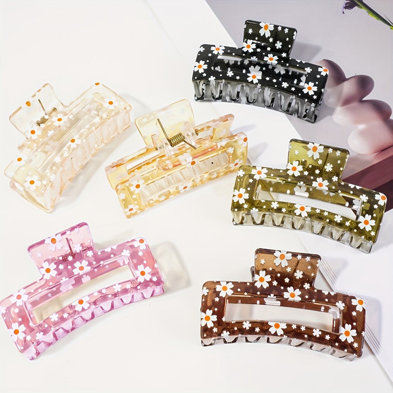 E-shop 6 Stk. Matte Rutschfeste Vintage-Haarklammern mit Krallen – Elegante Damen-Haarklammern mit Blumenmuster, rechteckig, geeignet für dickes dünnes