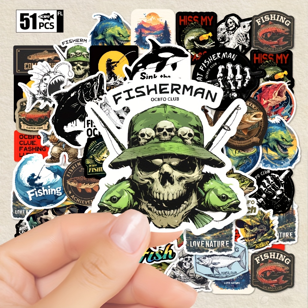 Image of 50/51/101 Sheets Outdoor Fishing Stickers, Camping Lure Fishing Box And Van Body Decorative Decals, Suitable For Laptops, Phones, And Luggage Stickers, Gift For Fathers And Fishing Enthusiasts