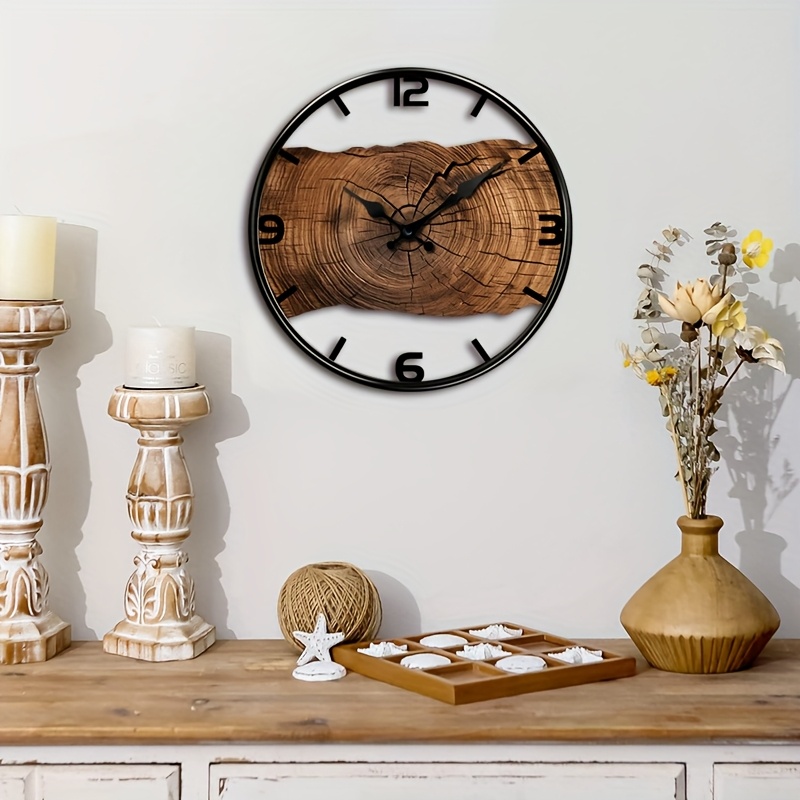 1 Round Wall Clock, Wooden Hollow-Out Design Silent Non-Ticking Timepiece for Home Holiday Decor and Gift