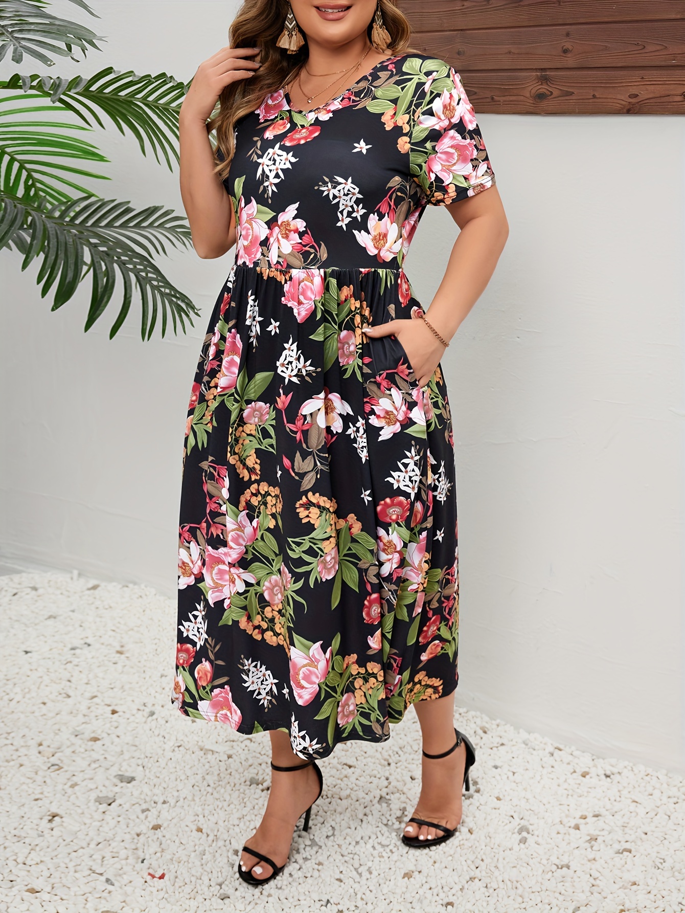 plus size floral print dress casual v neck short sleeve dress for spring summer womens plus size clothing