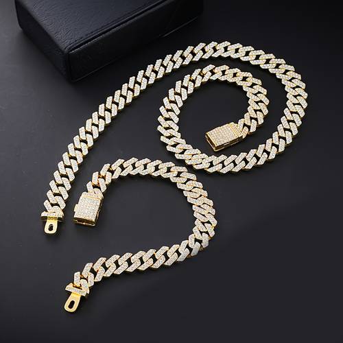 12mm necklace bracelet hip hop cuban chain set miami chain set set womens and mens jewelry set