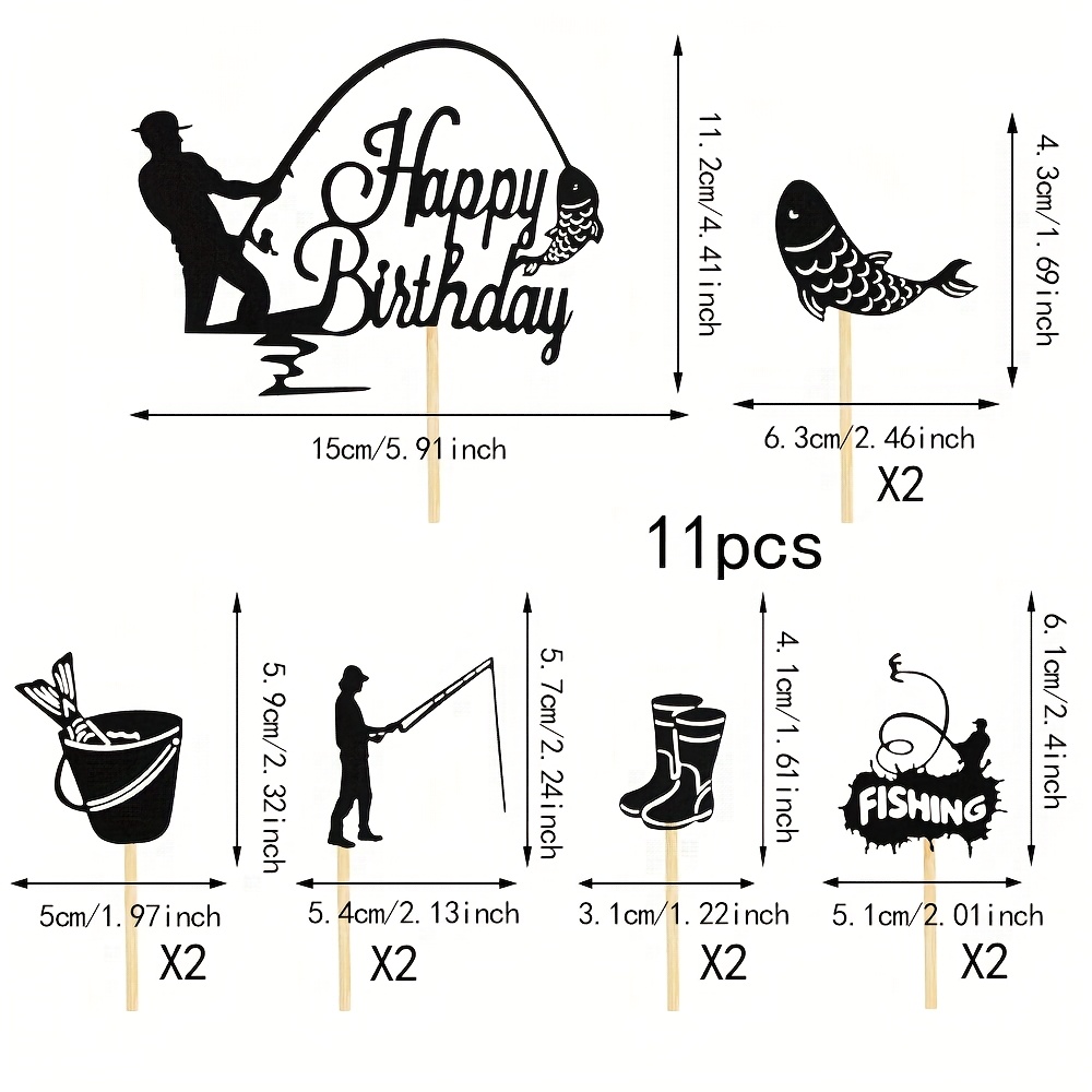 Image of 11pcs Set Of Fishing Happy Birthday Cake Decorations, Black Cake Decorations, Happy Birthday Cupcake Decorations, Fishing Cake Ornaments, Fishing-themed Party Supplies, Halloween, Christmas