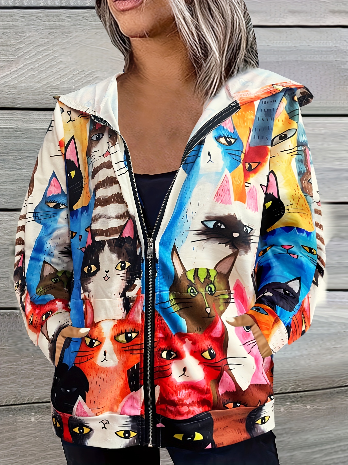1pc Women'S Casual Polyester Hoodie with Colorful Animal Print Knit  Fabric Zippered Hooded Jacket for