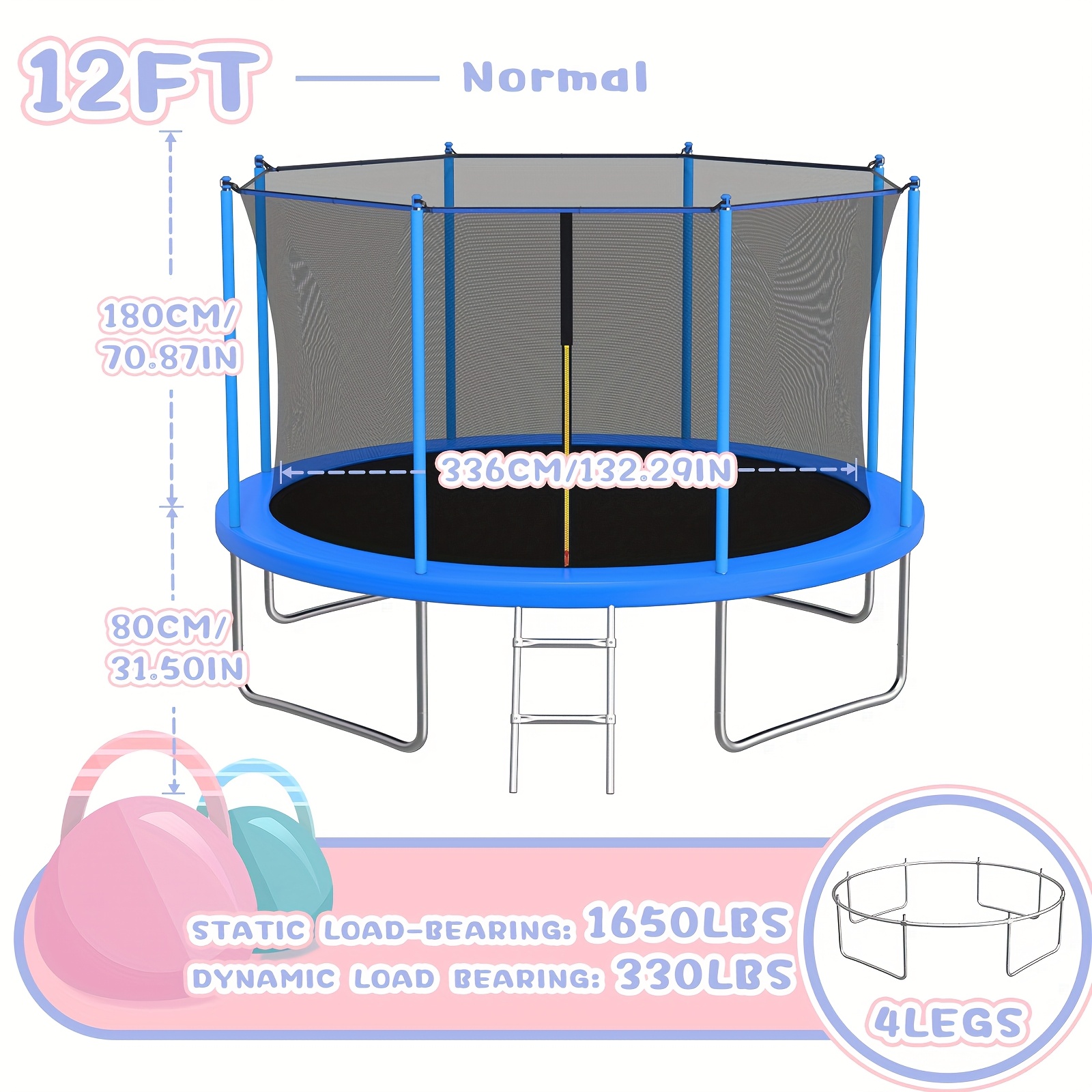 14ft/12ft/10ft Outdoor Kids Trampoline with Water Spray Device, Equipped with Safety Net and Heavy-Duty Rust-Resistant Frame, Suitable for Children and Adults, Includes Basketball Stand and Ladder Blue