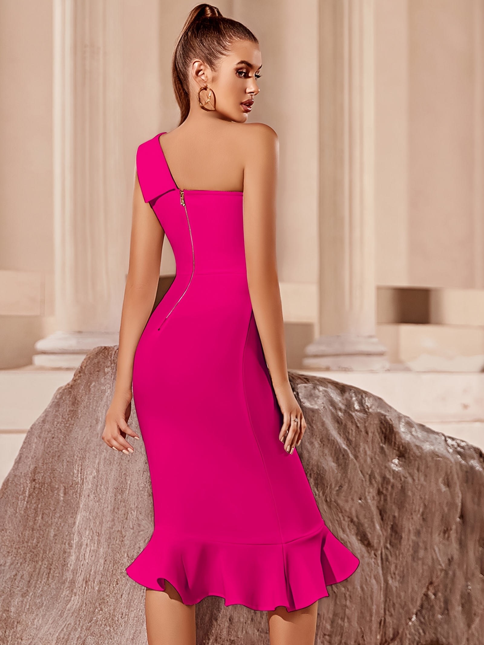 strapless open back dress Knot Detail Asymmetric One Shoulder Luxe Slinky Mini Dress Pink