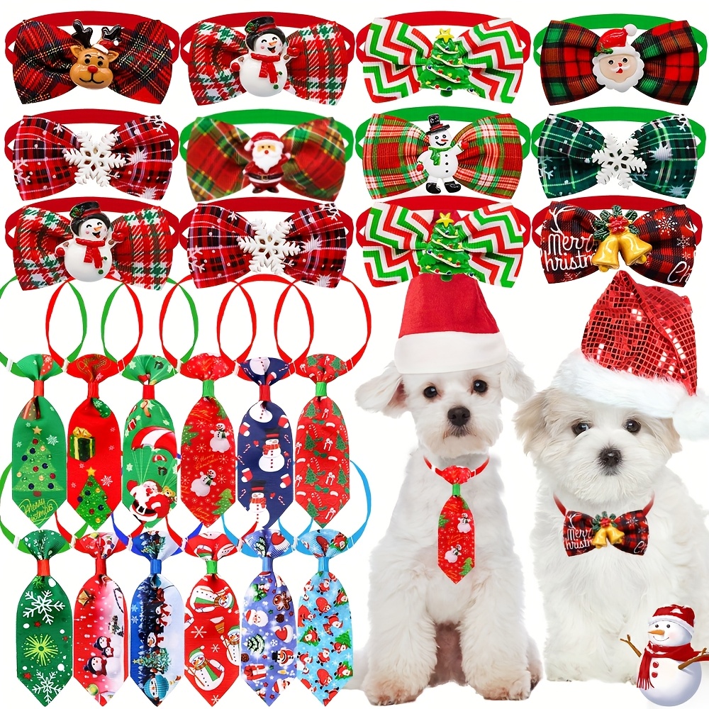 TEMU 10pcs Winter Puppy Bow Ties Collars Christmas Holiday Party Adjustable Dog Bowties & Dog Neckties Set Snowman Snowflake Print Pet Grooming