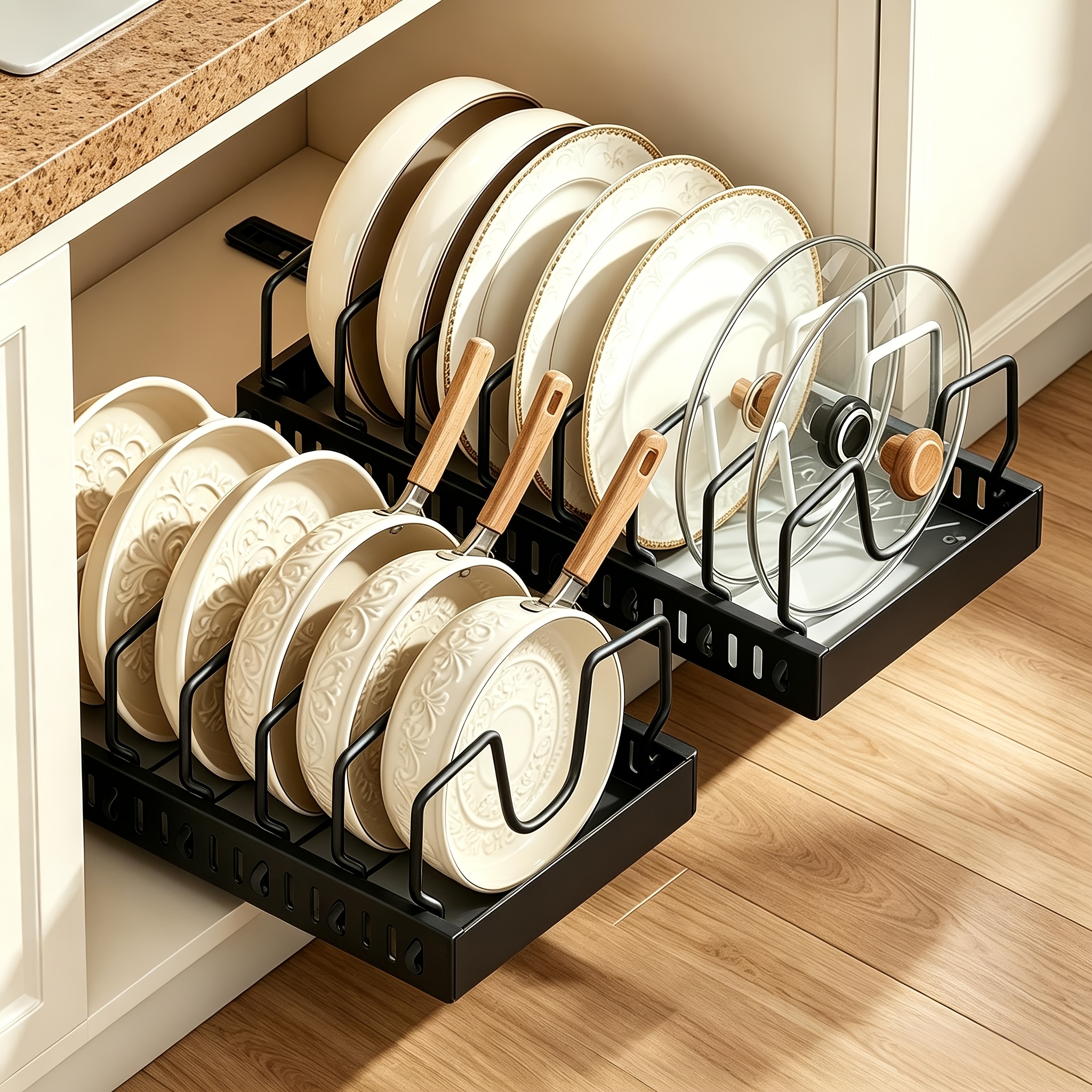 Image of 1pc/ 2pcs Set Pull-out Cookware Organizer Rack, Lid Organizer Rack With 8 Adjustable Dividers, Kitchen Cabinet Organizer, Under Sink Cookware Organizer ()