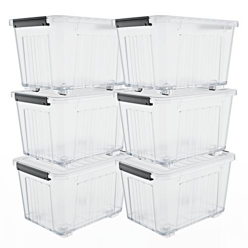 4 6 pack of storage boxes with lids and wheels 72 and 97 capacity ideal for storing household items stackable in