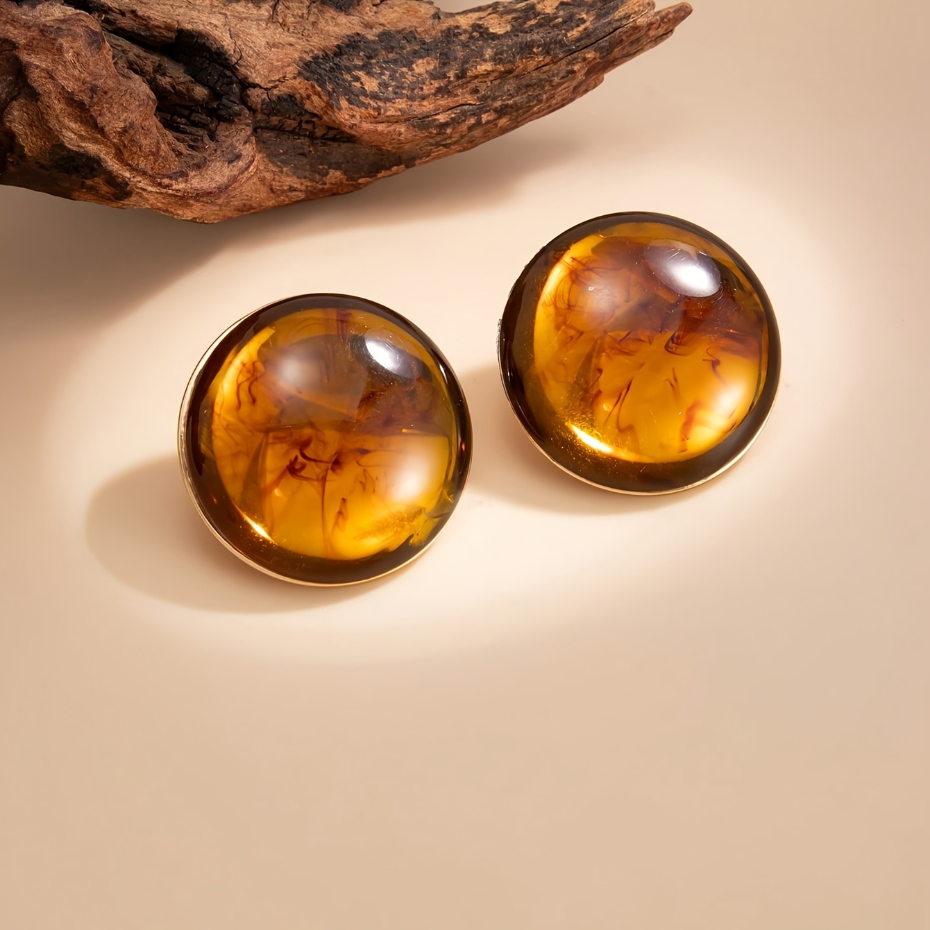 TEMU 1 Pair Of Bohemian Vintage Minimalist Geometric Round Resin Gemstone Earrings, Women's Fashion Charm Stud Earrings
