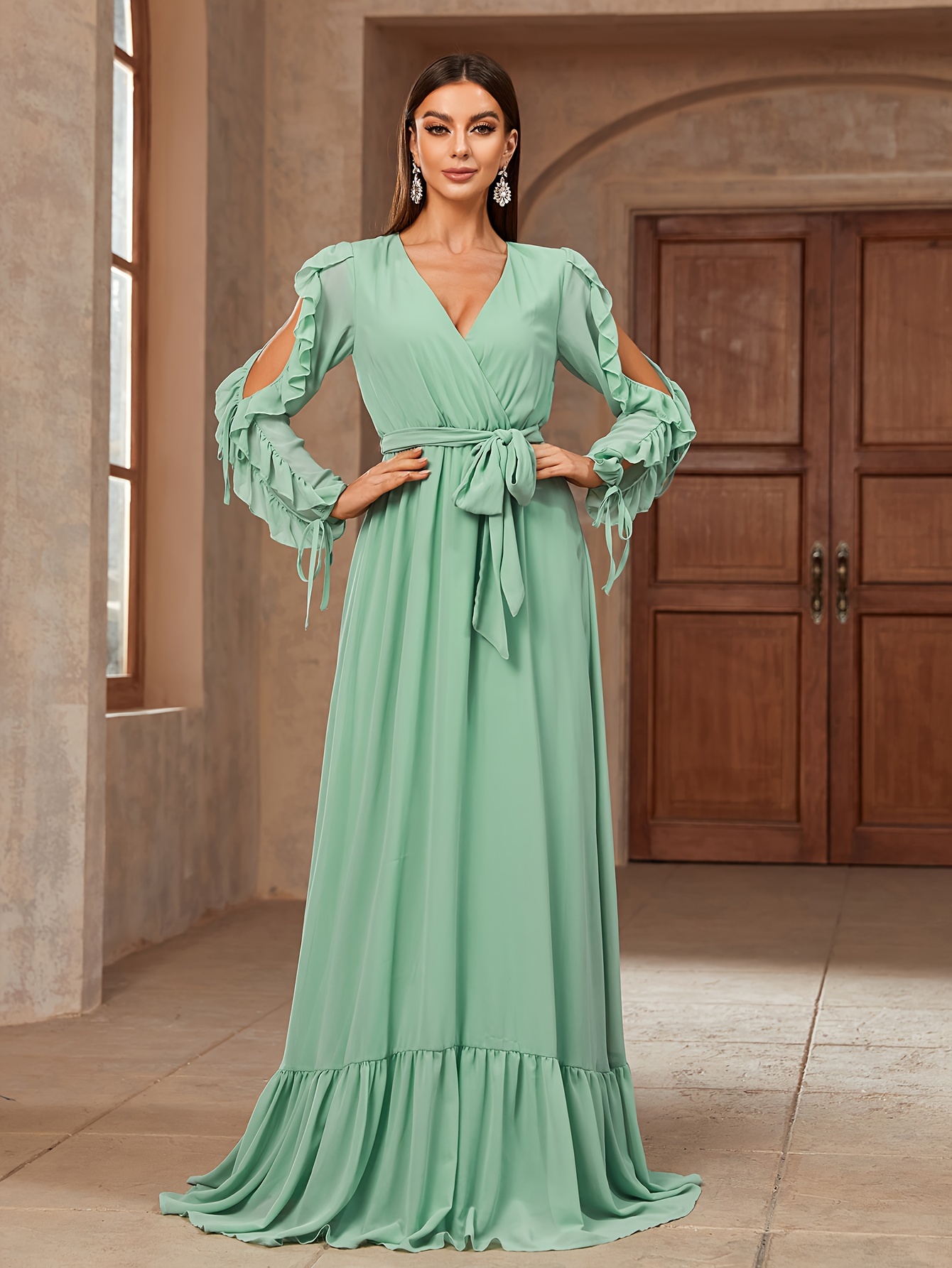 Contrast Guipure Lace Chiffon Dress, Elegant Long Sleeve V-neck Dress,  Women's Clothing