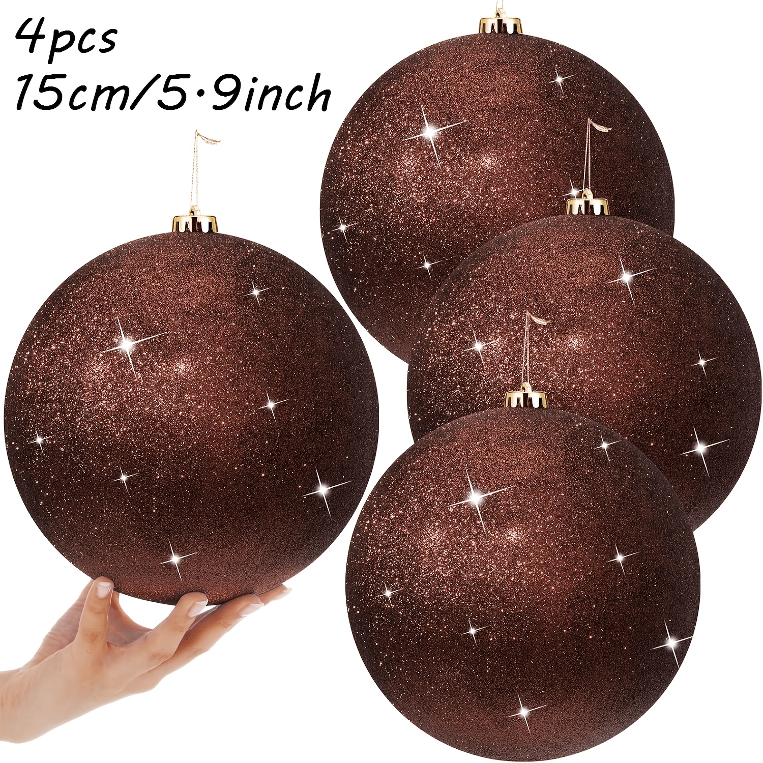 TEMU 4pcs, Large 6-inch/ 15cm Coffee Powder Christmas Ball Decorations - Sturdy And Durable Plastic Spherical Ornaments With Hanging Caps/rings,