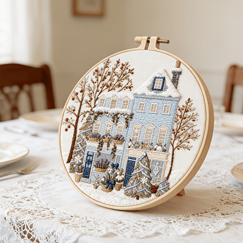 Winter Scenery Cottage Embroidery Kit, Beginner Toolset
