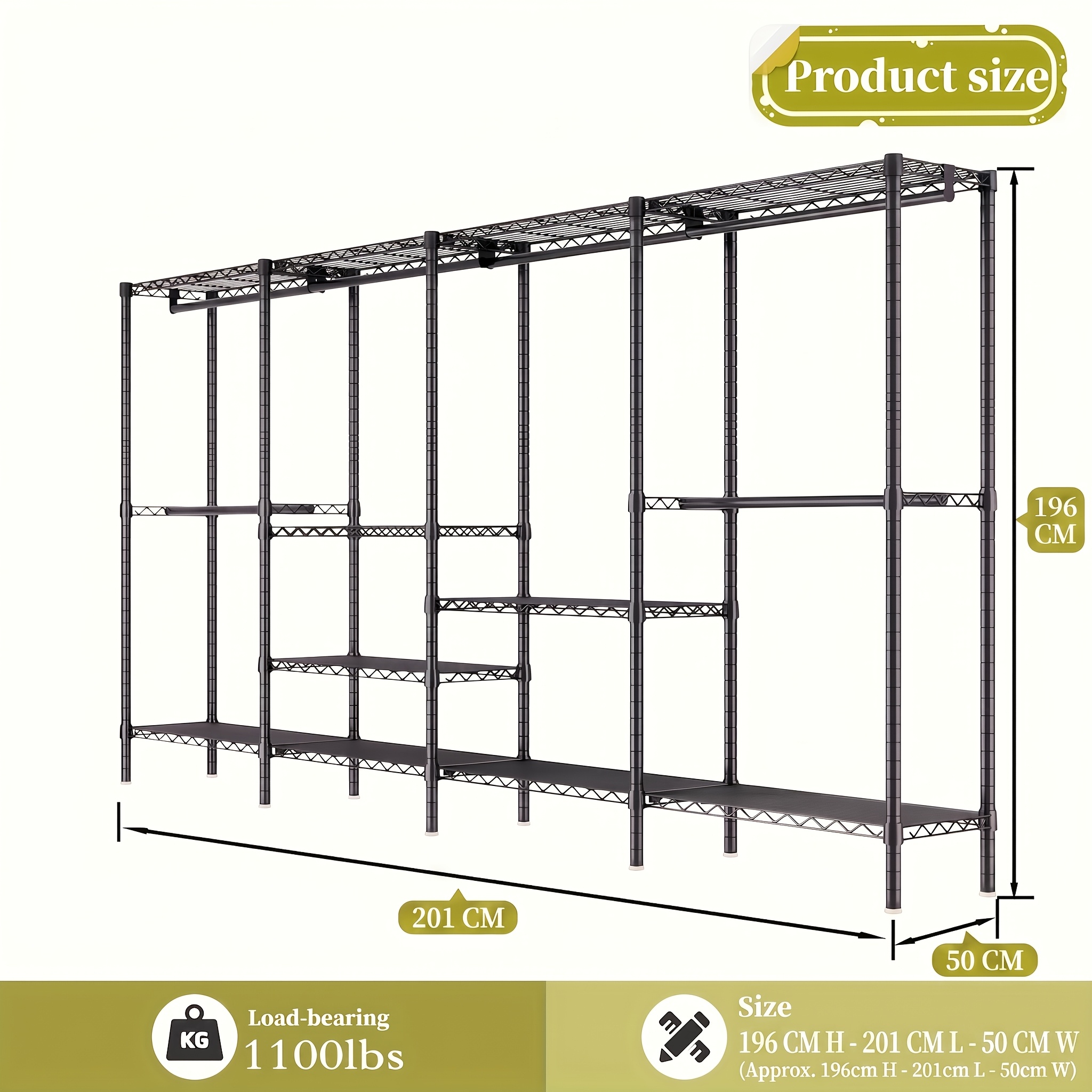 TEMU armadio autoportante a 4 colonne, organizer per guardaroba in metallo resistente con 4 ripiani, struttura in acciaio al carbonio supporta 1100